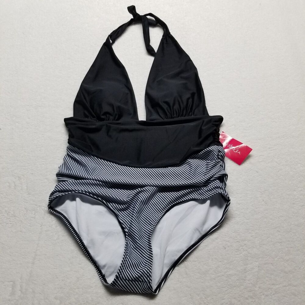 Jess Lea L One Piece Swimsuit  Padded Black White Plunge High Wasted Halter NEW